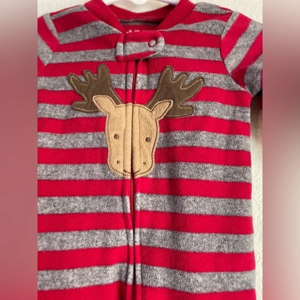 Carter's Fleece Warm and Cozy Red and Gray Striped Footie with Moose size 3/6M